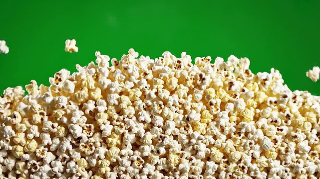 Popcorn expands against vibrant green screen concept. Fresh buttery popcorn popping and flying against vibrant green background snack food