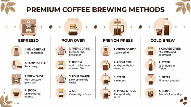 A comprehensive visual guide detailing four premium coffee brewing methods: Espresso, Pour Over, French Press, and Cold Brew, with step-by-step instructions for each.