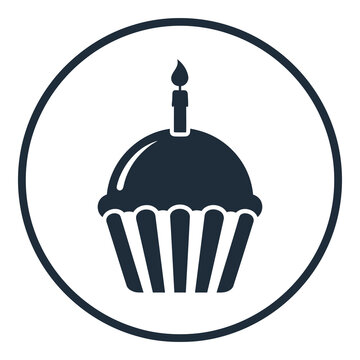 Cupcake with a lit candle on top in a circle  dessert icon icon