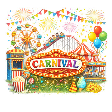 carnival fun and festivities, colorful carnival, festive celebration, amusement park vibes, carnival rides, fairground attractions, joyful atmosphere, vibrant colors, party celebration, festival light