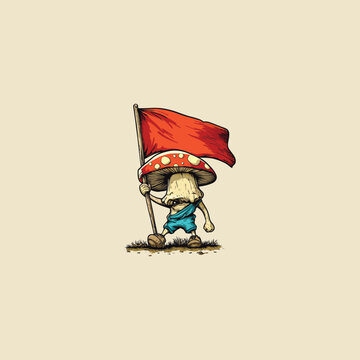 Hand drawn ink sketch illustration of a cute fantasy mushroom character wearing overalls and holding a big red flag, vintage engraving style.