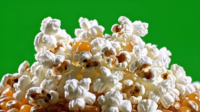Popcorn expands against vibrant green screen concept. Close up of fresh white popcorn with golden kernels on green background for snack and food concept