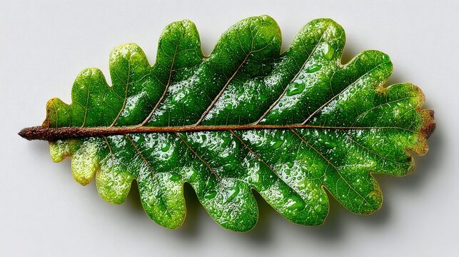 Close-Up Image of Fresh Green Oak Leaf with Water Droplets
