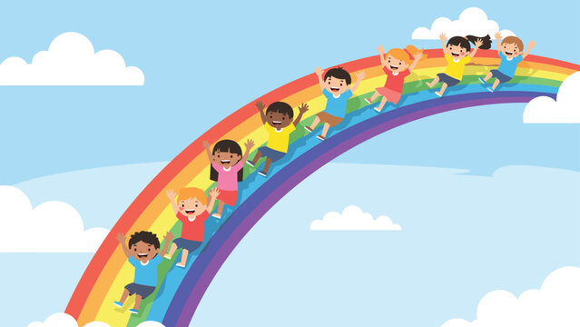 Happy children of diverse backgrounds slide down a vibrant rainbow in a bright blue sky filled with fluffy white clouds.