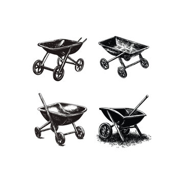 Hand drawn vintage wheelbarrow illustration set isolated on white background