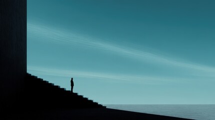 Obraz premium Solitary Figure on Steps Against Calm Water and Sky Background