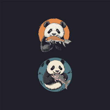 Hand drawn vintage engraving style illustration of giant panda eating a fish set inside circles isolated on dark background