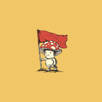 Cute hand drawn ink sketch illustration of a funny mushroom character holding a big red flag, amanita muscaria mushroom person walking on plain background.