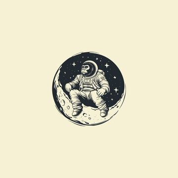 Vintage sketch style illustration of a gorilla astronaut in a spacesuit, sitting on a crescent moon. The design is contained within a circle and features stars, against a plain background