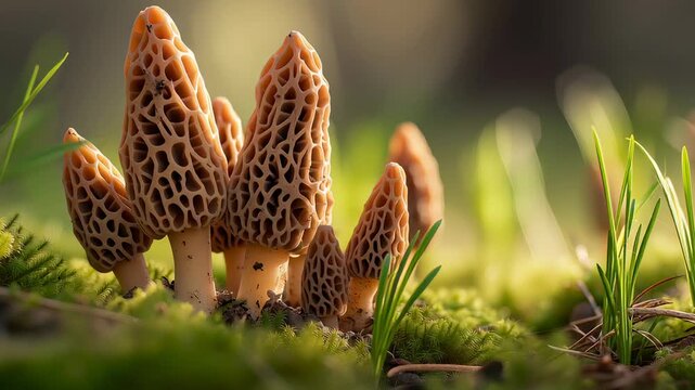 Morel mushrooms growing in green moss with soft sunlight creating natural spring forest and wild foraging concept