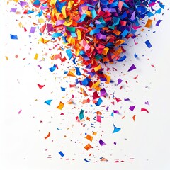 Obraz premium Colorful Confetti Falling on White Background Celebratory Explosion of Joyful Movement
