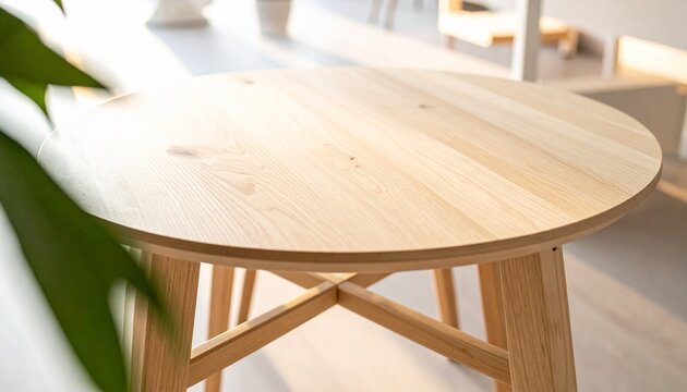 A round wooden table with angled legs and black crossbars stands in soft indoor lighting, symbolizing modern craftsmanship, simplicity, and natural elegance through clean design and warm material aest