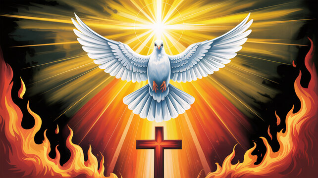 A dove flies above a cross surrounded by flames and radiant light.