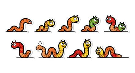 Naklejka premium Cute Cartoon Worm Character Set Vector Illustration, Playful Earthworm Mascot Poses and Expressions for Children Education, Colorful Flat Design Elements Isolated