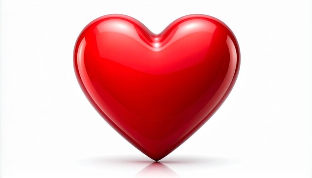 A polished, three‑dimensional red heart with reflective surfaces glows against a plain white background, symbolizing love, affection, passion, and universal emotion through symmetry, curvature, and lu