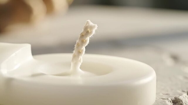 Closeup of a white candle wick with visible texture, ready for lighting, serene atmosphere, soft focus background