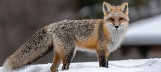 Fototapeta premium Alert fox surveys its snowy domain, blending seamlessly into the white landscape during winter.