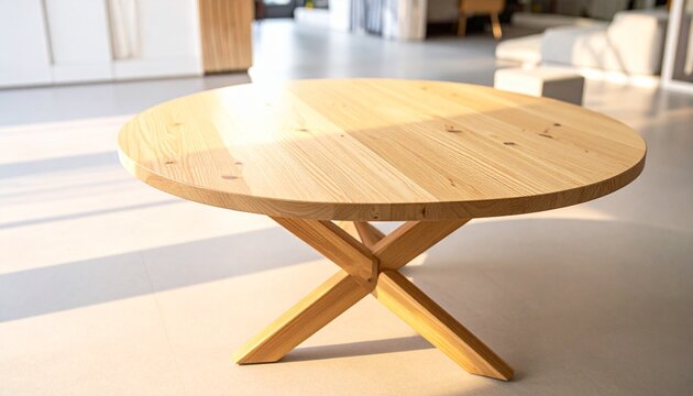 A round wooden table with angled legs and black crossbars stands in soft indoor lighting, symbolizing modern craftsmanship, simplicity, and natural elegance through clean design and warm material aest