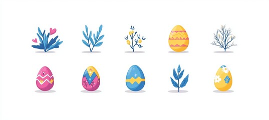 Fototapeta premium Delicate Easter Celebration Symbols in Pastel Colors with Botanical Designs on a Pristine Background