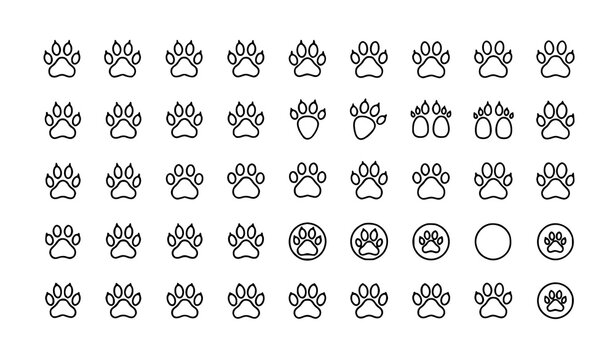 Minimal paw print line icon set with pet footprint and animal paw symbols for web and mobile UI design