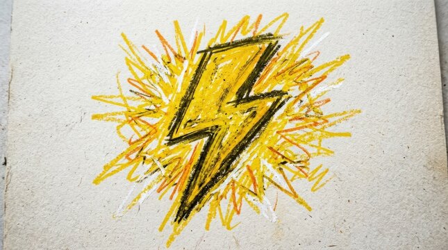 A thunder lightning doodle icon with hand-drawn electric bolt, crayon sketch texture and bold punk-style energy flash, ultra-realistic, no logos.