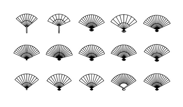 Minimal folding fan line icon set with Japanese and Chinese traditional fan symbols for cultural and decorative design