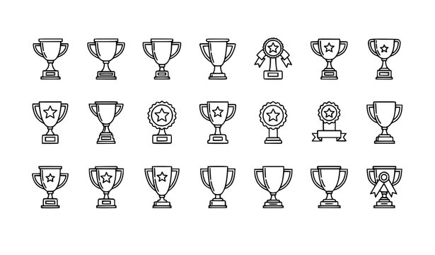 Minimal trophy line icon set with editable stroke winner cup and award symbols for web and UI design