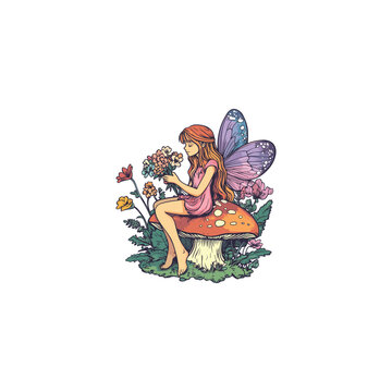 Hand drawn ink sketch of a cute little fairy with butterfly wings sitting on a mushroom and holding a bouquet of flowers, vintage engraving style vector illustration isolated on white background.