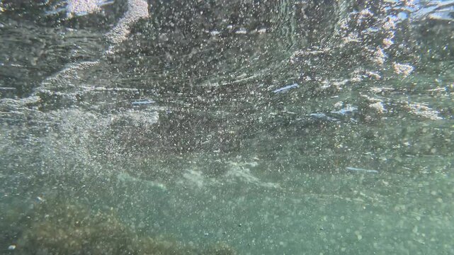 Ocean, Underwater, Waves, Clear ocean water with sunlight and bubbles, revealing vibrant seaweed on the seafloor