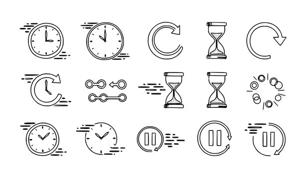 Hand drawn delay icon collection with loading waiting and buffering symbols in editable stroke style