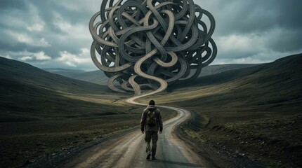 Obraz premium A man on a long winding road that transforms into a giant tangled ball, minimalist landscape, visual metaphor for complexity, difficulty and challenge, moody conceptual lighting, ultra-realistic, no