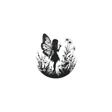 Fairy silhouette with butterfly wings standing in a wild flower garden, magical fantasy illustration isolated on white background.