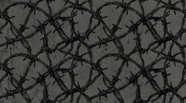 A seamless barbed wire pattern with retro photocopy stipple effect, goth-core Y2K grit, dark monochrome texture and rebellious poster-style mood, ultra-realistic, no logos.