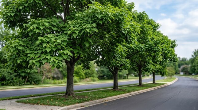 Southern catalpa street trees with broad heart-shaped leaves and full rounded canopies, frontal isolated landscape set with clean botanical detail, ultra-realistic, no logos.