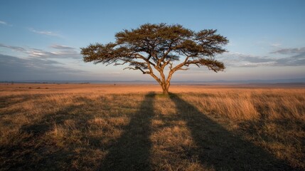 Naklejka premium Majestic Acacia Tree Casting Shadows on African Savannah Landscape