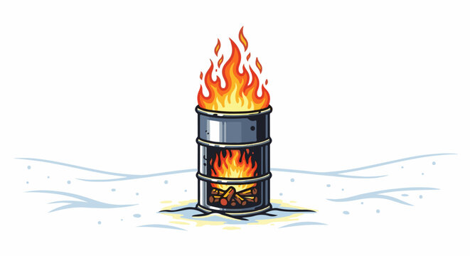 A metal drum with a fire inside burns in a snowy landscape