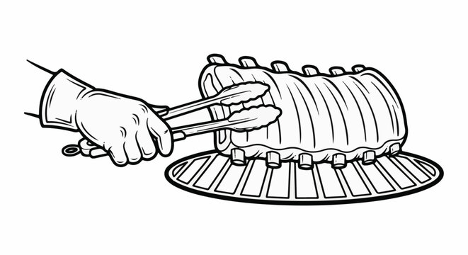Hand in glove using tongs to place a rack of ribs on a grill