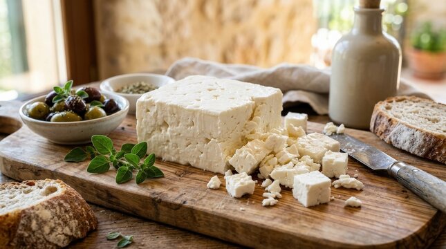 A block of fresh white feta cheese, partly crumbled with small cubes, creamy texture and Mediterranean gourmet atmosphere, ultra-realistic, no logos.
