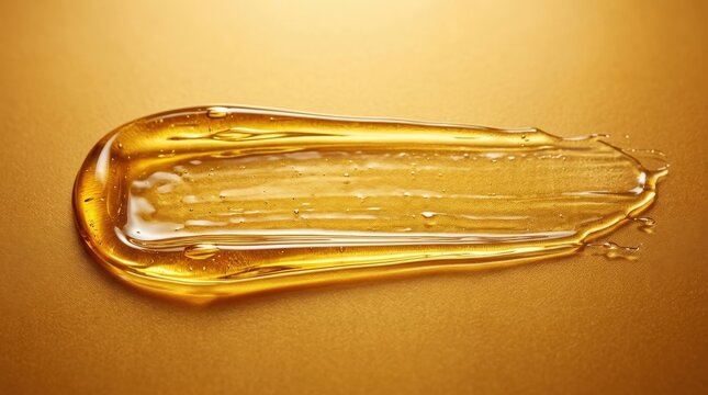 A horizontal golden yellow transparent oil stroke on a matching backdrop, rich viscous texture and luminous anti-aging elegance, ultra-realistic, no logos.