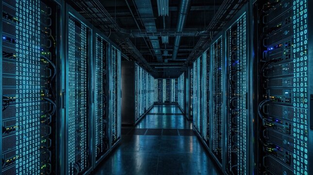 A binary code server grid symbolizing artificial intelligence and digital technology, luminous data columns, metallic depth, dark cyber atmosphere, ultra-realistic, no logos.