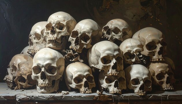 A stack of human skulls on a dark background