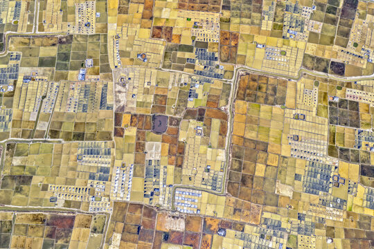 Aerial view of geometric fields create a captivating patchwork of earthy browns, pale yellows, and muted greens, Cox's Bazar, Chittagong Division, Bangladesh.