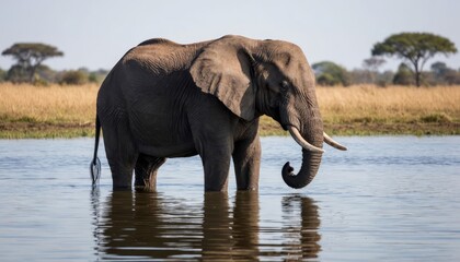 Fototapeta premium An elephant stands in the water, partially submerged. The elephant appears calm as it surveys the surrounding savannah landscape with grass and trees.