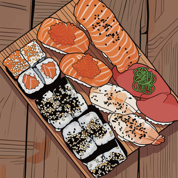 Colorful Sushi Platter on Wooden Tray
