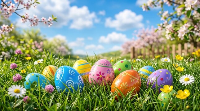 Colorful Easter eggs resting on grass against a blue background, glossy shells, fresh spring light and cheerful festive atmosphere, ultra-realistic, no logos.