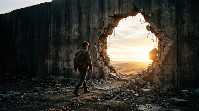 A man walking toward a shattered opening in a wall, minimal conceptual scene, symbolizing breakthrough, barriers and progress, dramatic hopeful light, ultra-realistic, no logos.