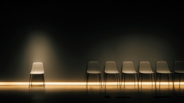 An evocative image of an empty chair, with six other chairs, suggesting themes of waiting and anticipation. The minimalist design creates a sense of space and possibility