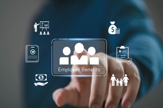 Employee benefits with business hand pressing digital interface showing insurance, salary, family care and financial support. Modern HR management, compensation package, corporate benefits strategy.