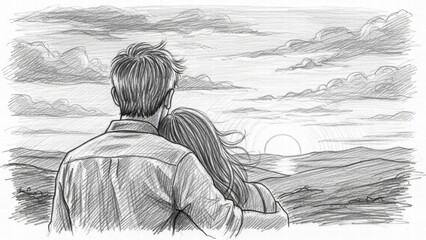 Fototapeta premium Sunset Serenade: A tender moment unfolds as a couple, bathed in the soft glow of dusk, embraces and gazes out at a breathtaking sunset, expressing the depths of their love and connection.