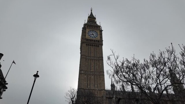 Low-angle view of the iconic elizabeth tower, popularly known as big ben, in london, with its famous clock face visible against a grey, cloudy sky during a cool winter day